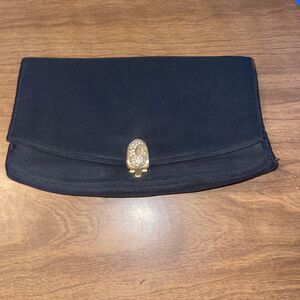 Garay Vintage Black & Gold Rayon Rhinestone Beaded Clasp Clutch Purse